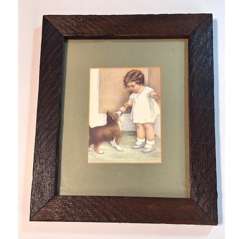 Vintage Original Raisinrak Reclaimed Wood Framed Print Girl Puppy Ice Cream 1984